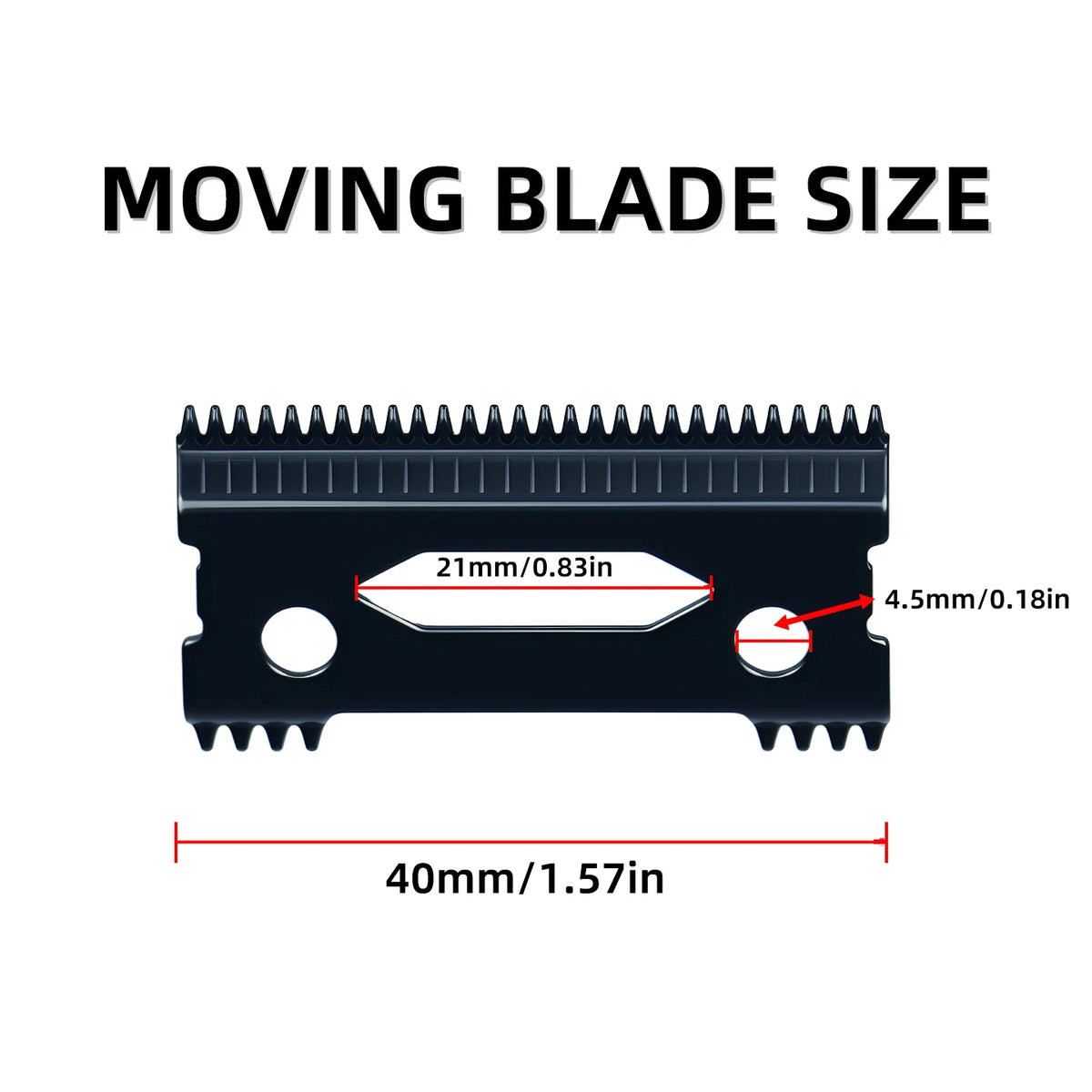 Diagram showing the moving blade size and overall dimensions of a professional cordless hair clipper.
