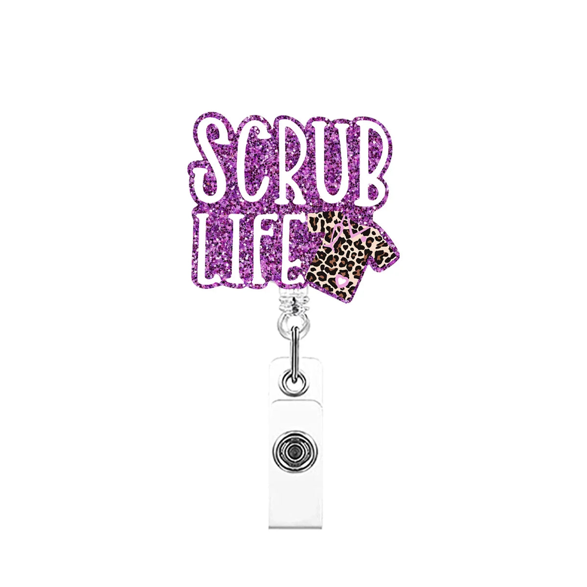 Purple glitter scrub life necklace with a leopard print charm on a silver chain