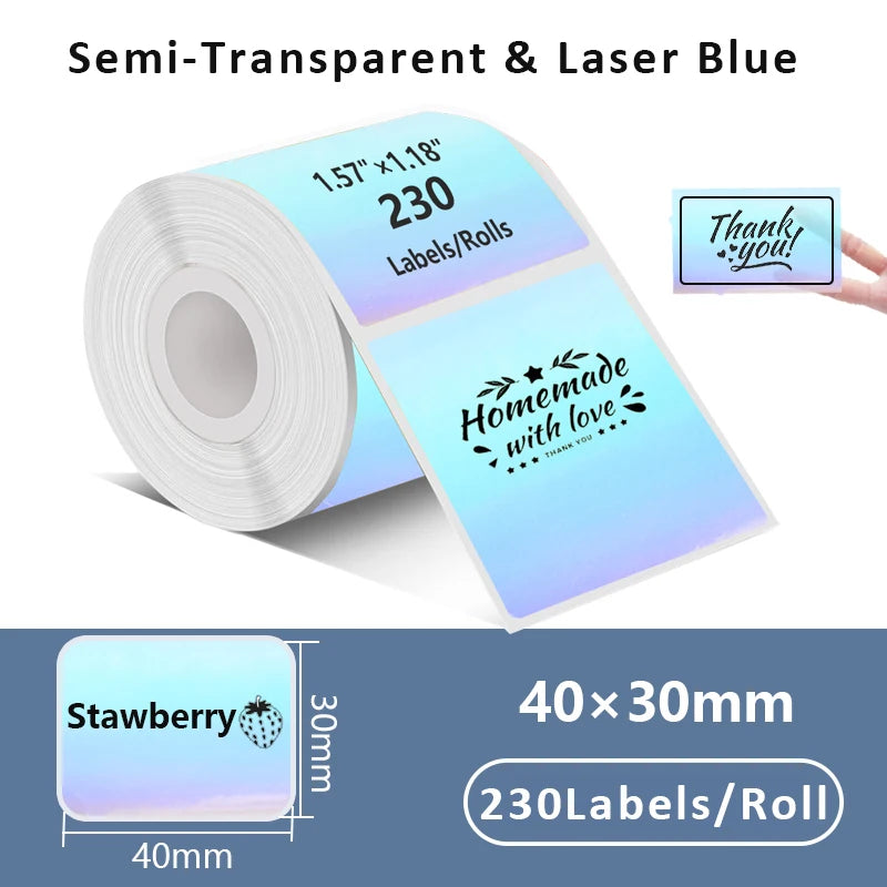 Rollo de etiquetas térmicas autoadhesivas de papel láser azul transparente con diseño de agradecimiento