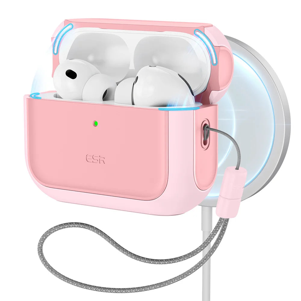 A pink charging case for AirPods Pro with magnetic protection and a cord.