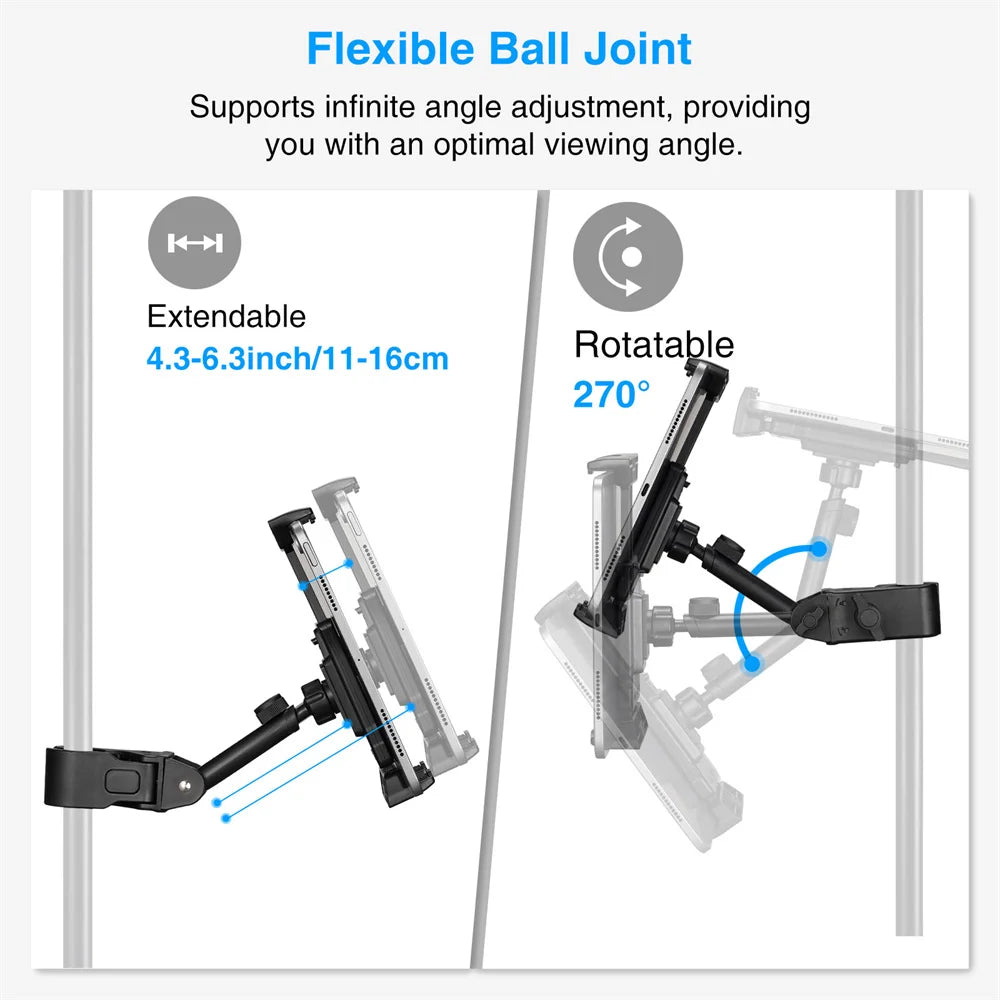 Flexible ball joint mount for a tablet or phone, showing extendable and rotatable features.