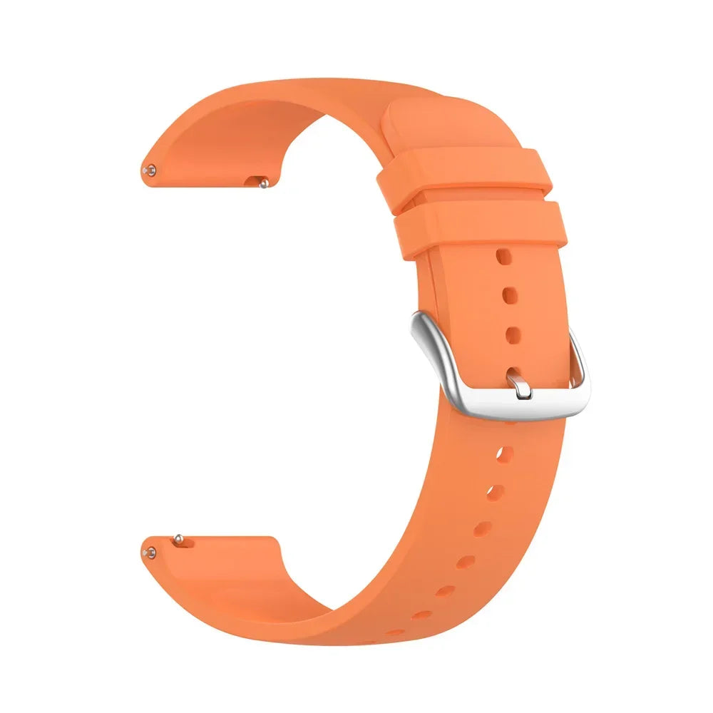 Orange silicone watch band with a silver buckle shown from the side.