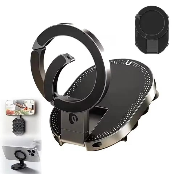 A black magnetic phone holder mount featuring a circular ring and a flat base for desk or wall use.