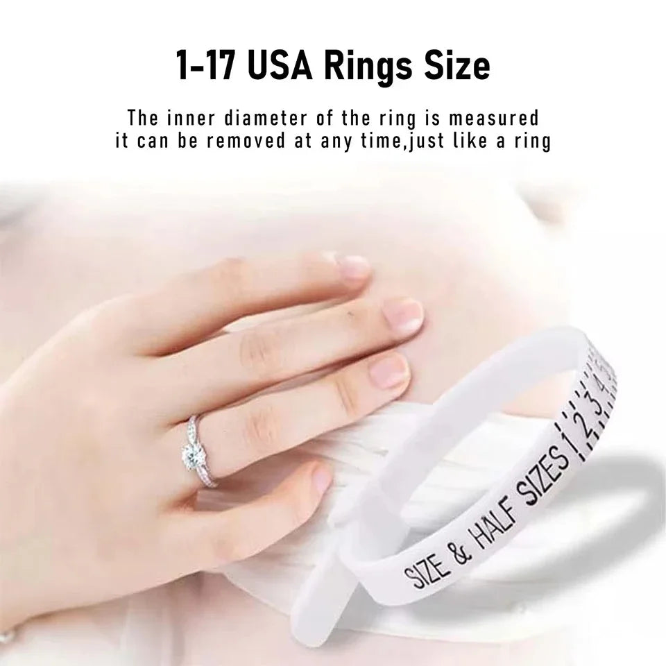 A hand is shown placing a white reusable ring sizer tool onto a finger to measure the size.