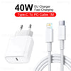 White 40W EU Type-C to PD fast charging cable with a USB-C connector and white cable shown.