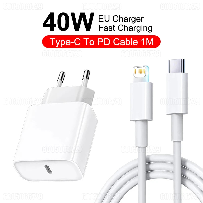 White 40W EU Type-C to PD fast charging cable with a USB-C connector and white cable shown.