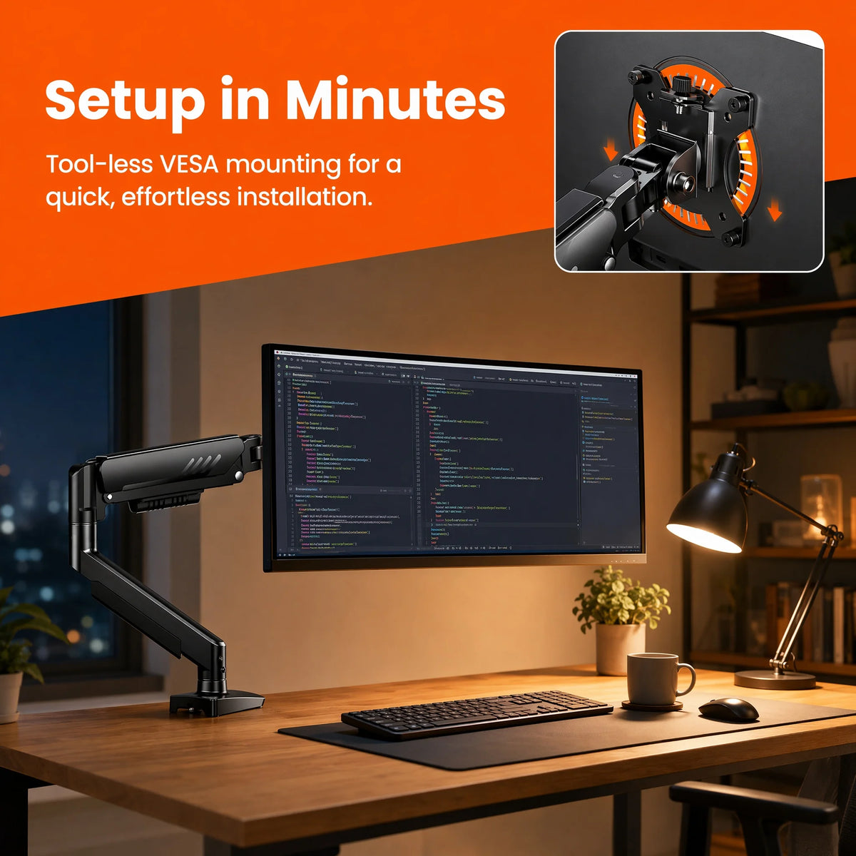 A black monitor arm is mounted to a wooden desk, demonstrating tool-less VESA mounting for quick installation.