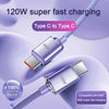 A purple braided nylon USB-C to USB-C fast charging cable is shown with 120W power output.