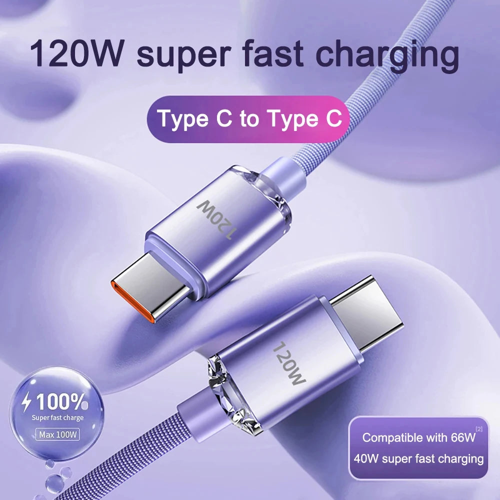 A purple braided nylon USB-C to USB-C fast charging cable is shown with 120W power output.