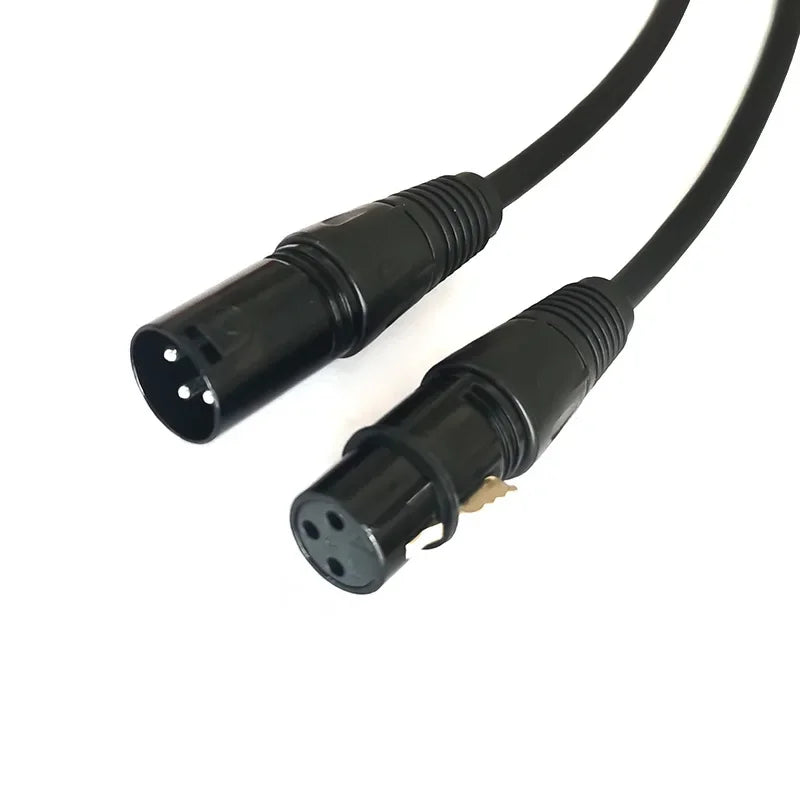 Black shielded XLR audio cable with a connector and a plug.