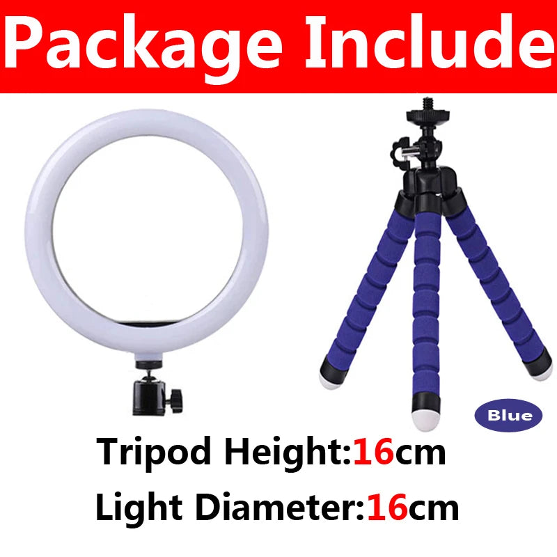 Blue LED selfie ring light with a tripod, featuring a 16cm height and 16cm light diameter.