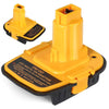 Adaptador de conversión de batería amarillo con enchufe y carcasa visto desde arriba.