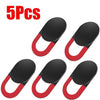 Five black camera privacy sliders with red grips for mobile and laptop cameras