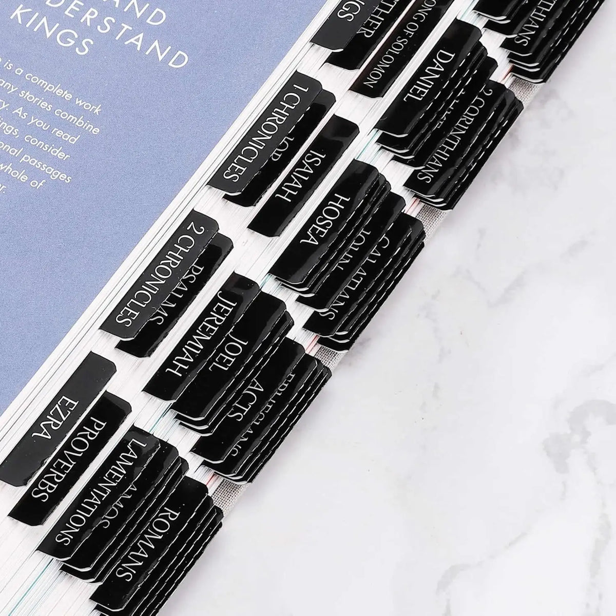 A close-up of laminated bible tabs with various book names like Daniel, Jonah, and Romans for easy reading.
