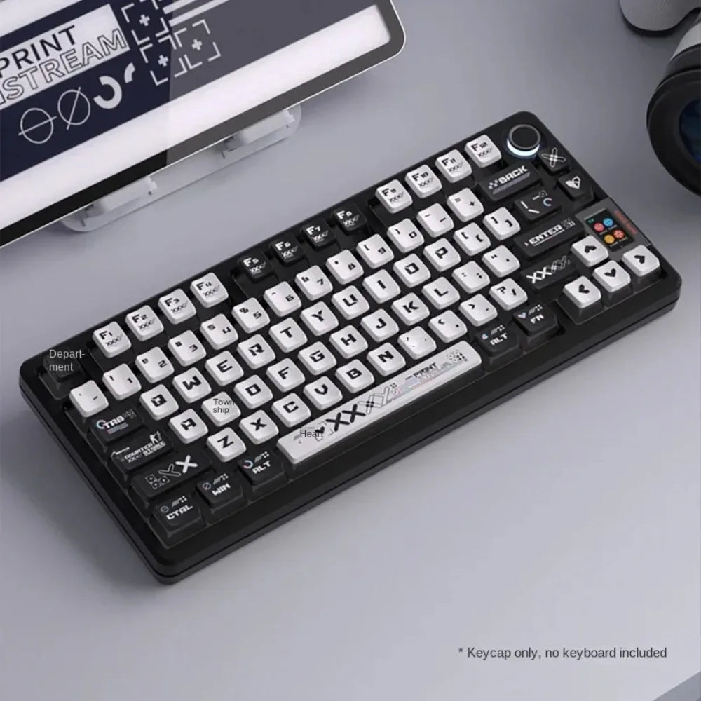 A close-up view of a black PBT transparent pudding style keycap set for a keyboard, with a smartphone in the background.