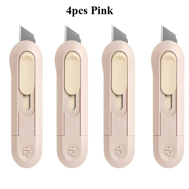 Four pink Deli mini pocket knives with silver blades shown side by side.