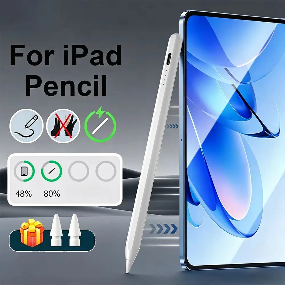 A white precision stylus pen is shown next to an iPad, demonstrating compatibility and features.