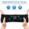 A black sports headband is shown being held by hands, highlighting its features like breathability, high elasticity, and swea