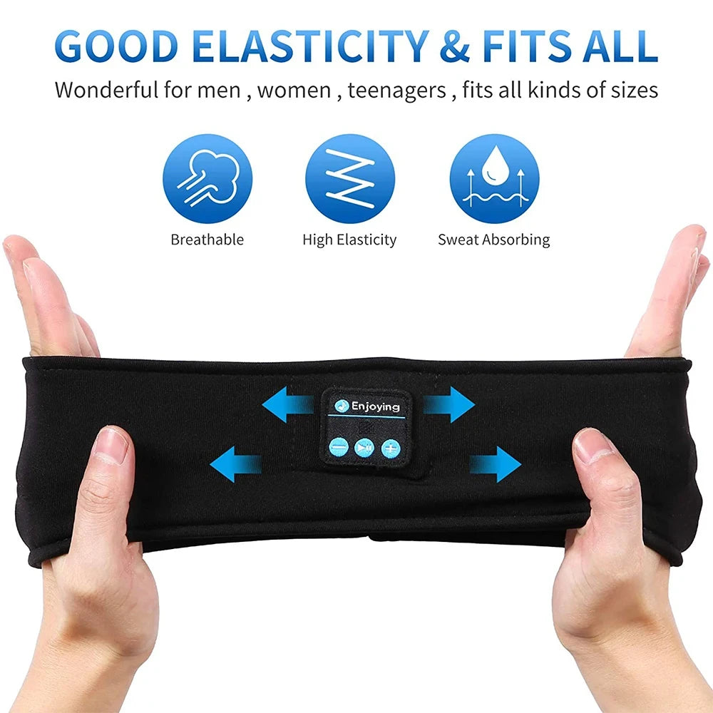 A black sports headband is shown being held by hands, highlighting its features like breathability, high elasticity, and swea