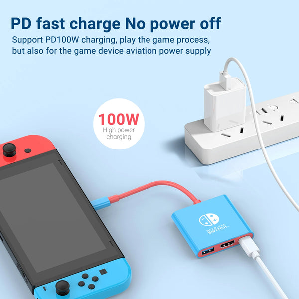 A blue tablet is shown connected to a 100W fast charging hub and power adapter for device operation.