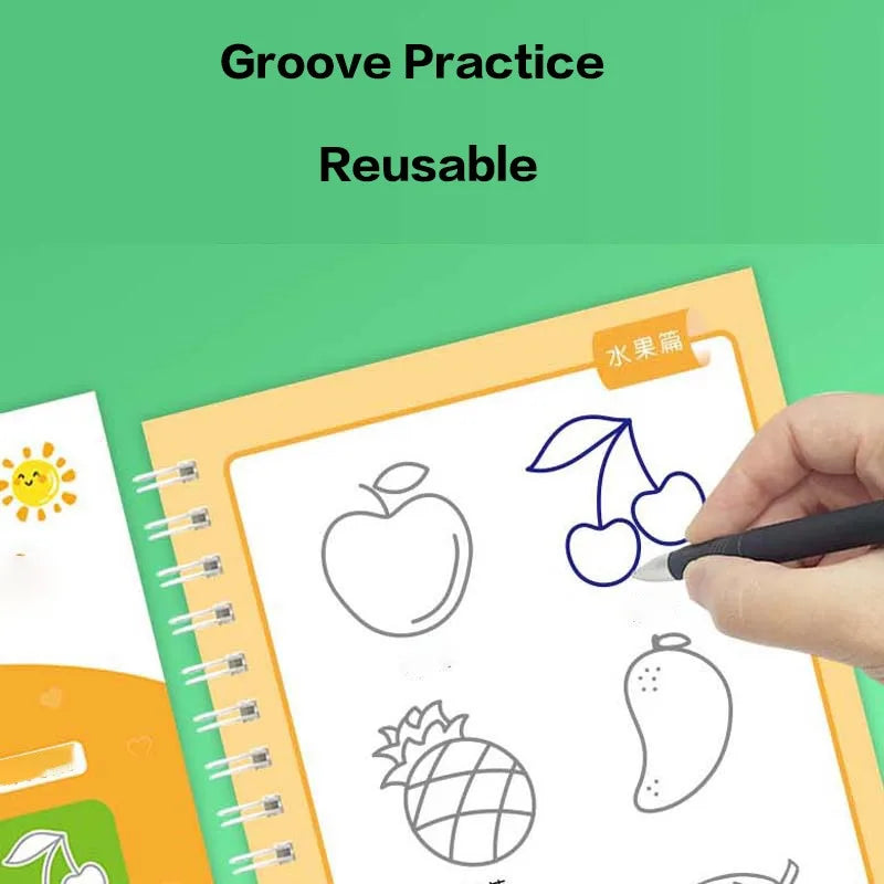 A hand is drawing fruit outlines in a yellow notebook, demonstrating groove practice for kids.