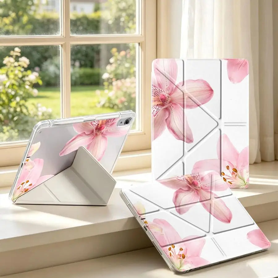 A set of elegant floral pen slot cases for tablets featuring pink and white flower designs.