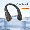 A black hands-free neck fan with an LED display is shown on a blue ice surface.