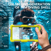 A hand holds a yellow phone case while a diver is visible underwater, suggesting a universal waterproof phone case for diving