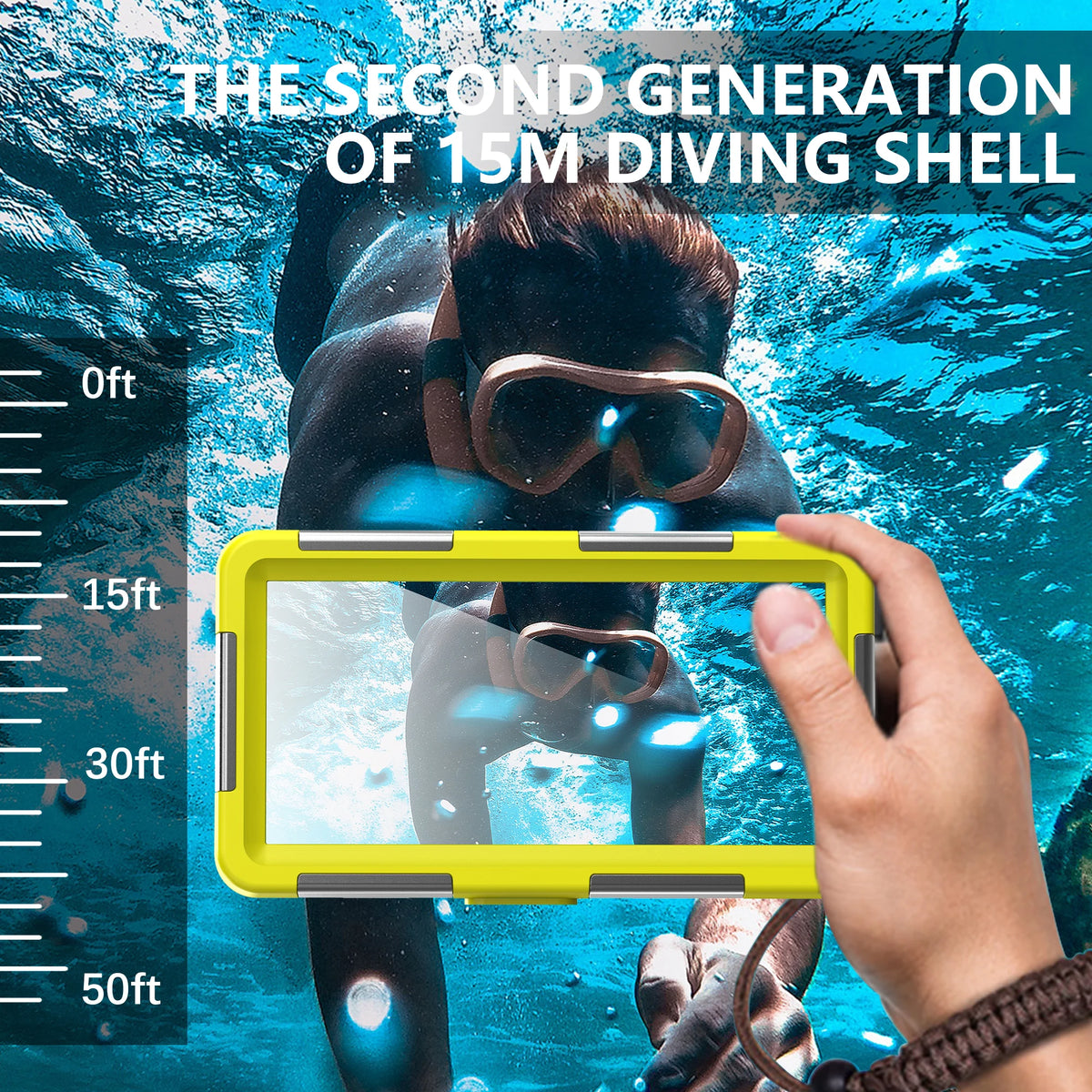 A hand holds a yellow phone case while a diver is visible underwater, suggesting a universal waterproof phone case for diving