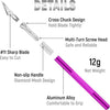 Details of a precision craft knife featuring a cross chuck design, multi-turn screw head, non-slip handle, and aluminum alloy