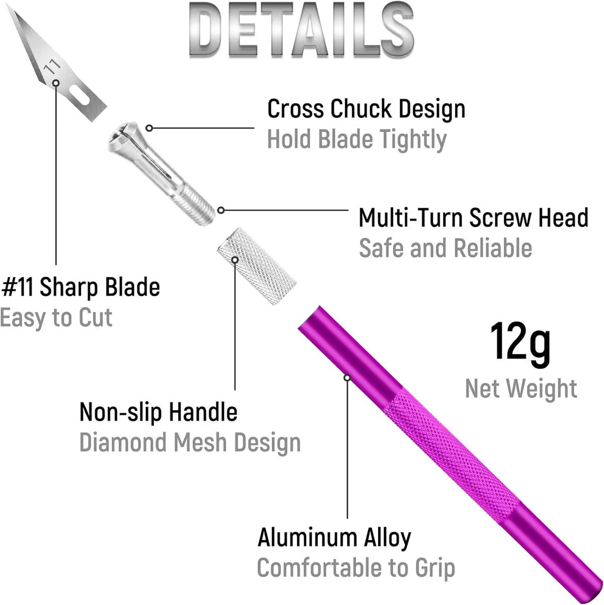 Details of a precision craft knife featuring a cross chuck design, multi-turn screw head, non-slip handle, and aluminum alloy