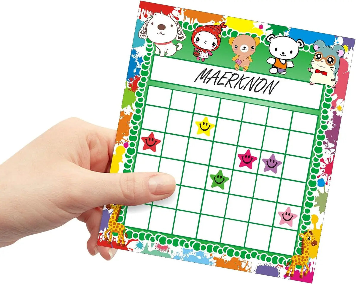 A hand holds an incentive reward chart for kids behavior tracking featuring colorful characters and a grid for tracking.