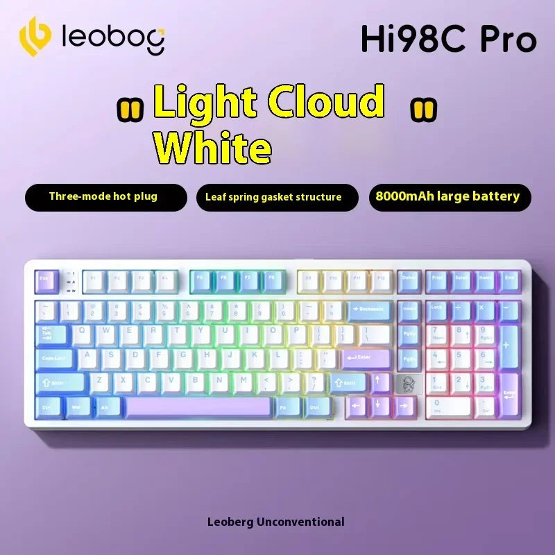 A white mechanical keyboard with light cloud white keycaps and a large battery is shown.