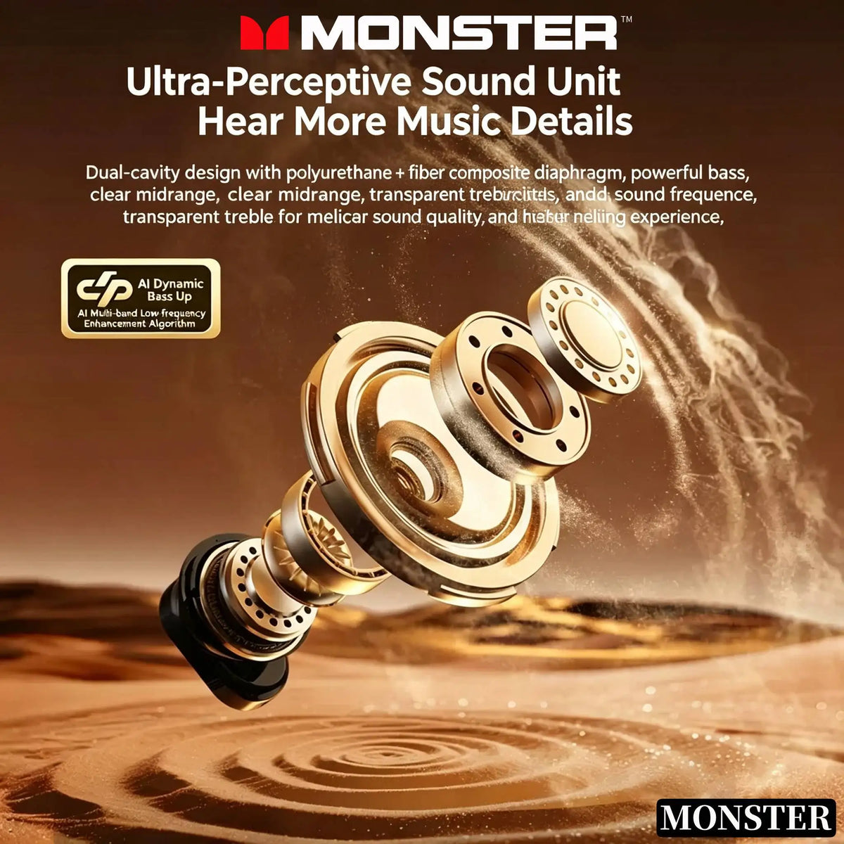 Close-up of a Monster Ultra-Perceptive Sound Unit earbud with gold and black accents against a warm, textured background.