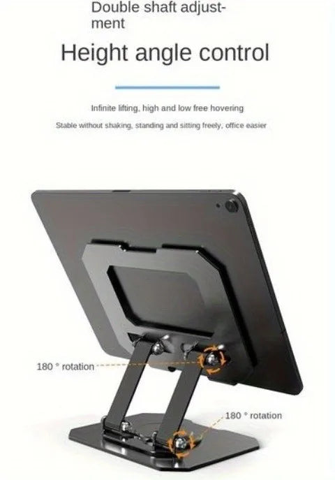 Support réglable noir à double axe pour ajuster l'angle et la hauteur d'une tablette ou d'un ordinateur portable.