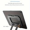 A black tablet is shown mounted on a foldable stand with adjustable height and angle control.