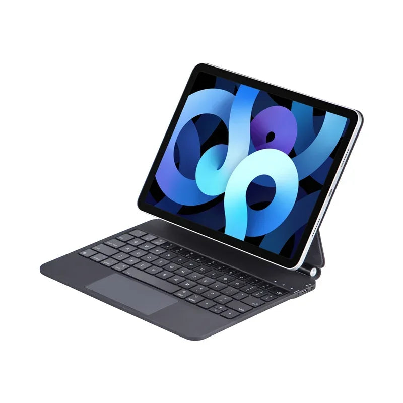 A dark gray backlit magic keyboard case for an iPad displaying a colorful abstract design.