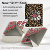 A new 3+Y Fold protective case for an iPad showing a leopard print design and a built-in pen slot.