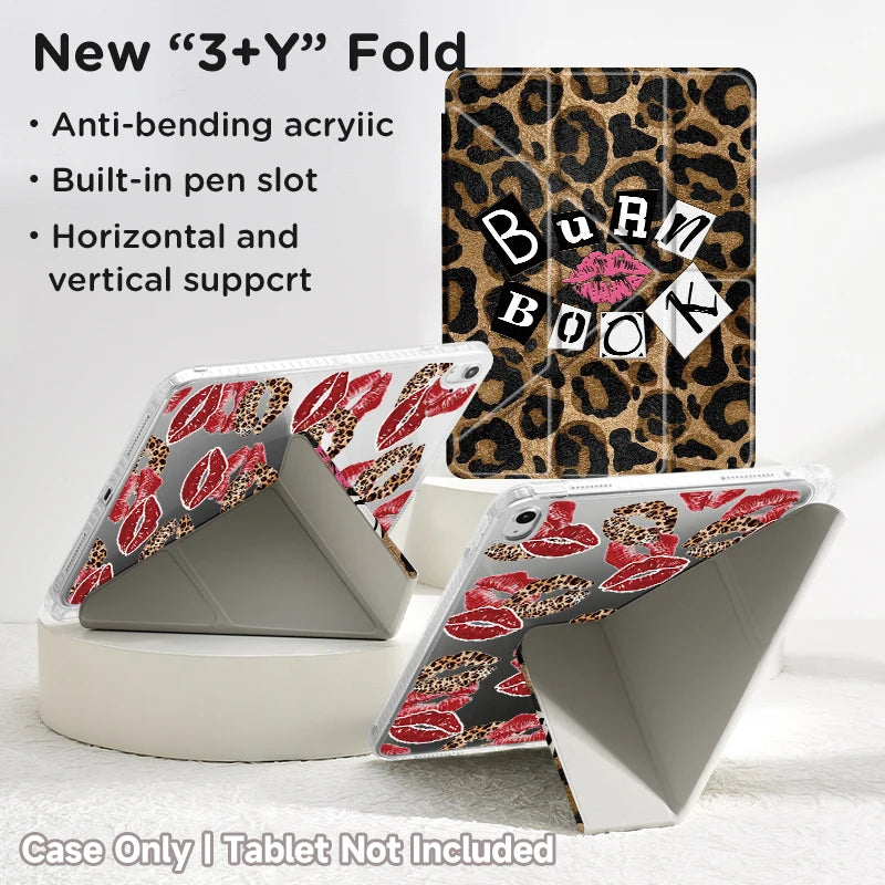 A new 3+Y Fold protective case for an iPad showing a leopard print design and a built-in pen slot.