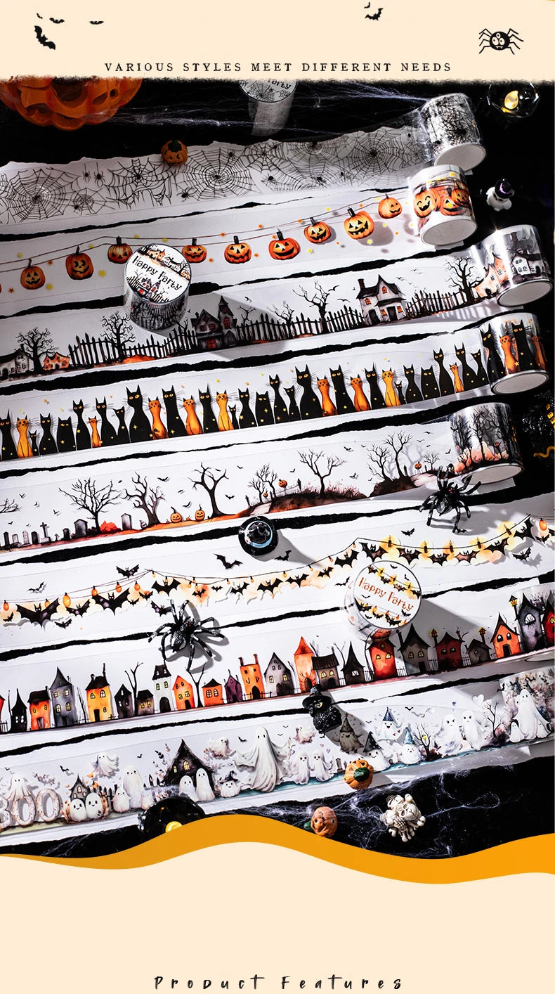 A variety of styles of vintage gothic Halloween masking tape are displayed on a white surface.