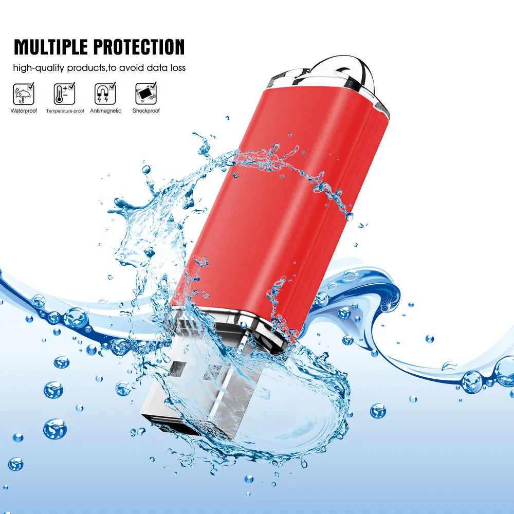 A red metal USB flash drive is shown being protected by water splashes, illustrating multiple protection features.