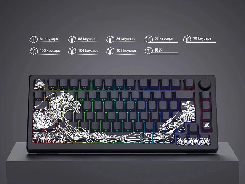 A close-up view of a mechanical keyboard featuring translucent Ukiyo-e style keycaps and a decorative landscape design.