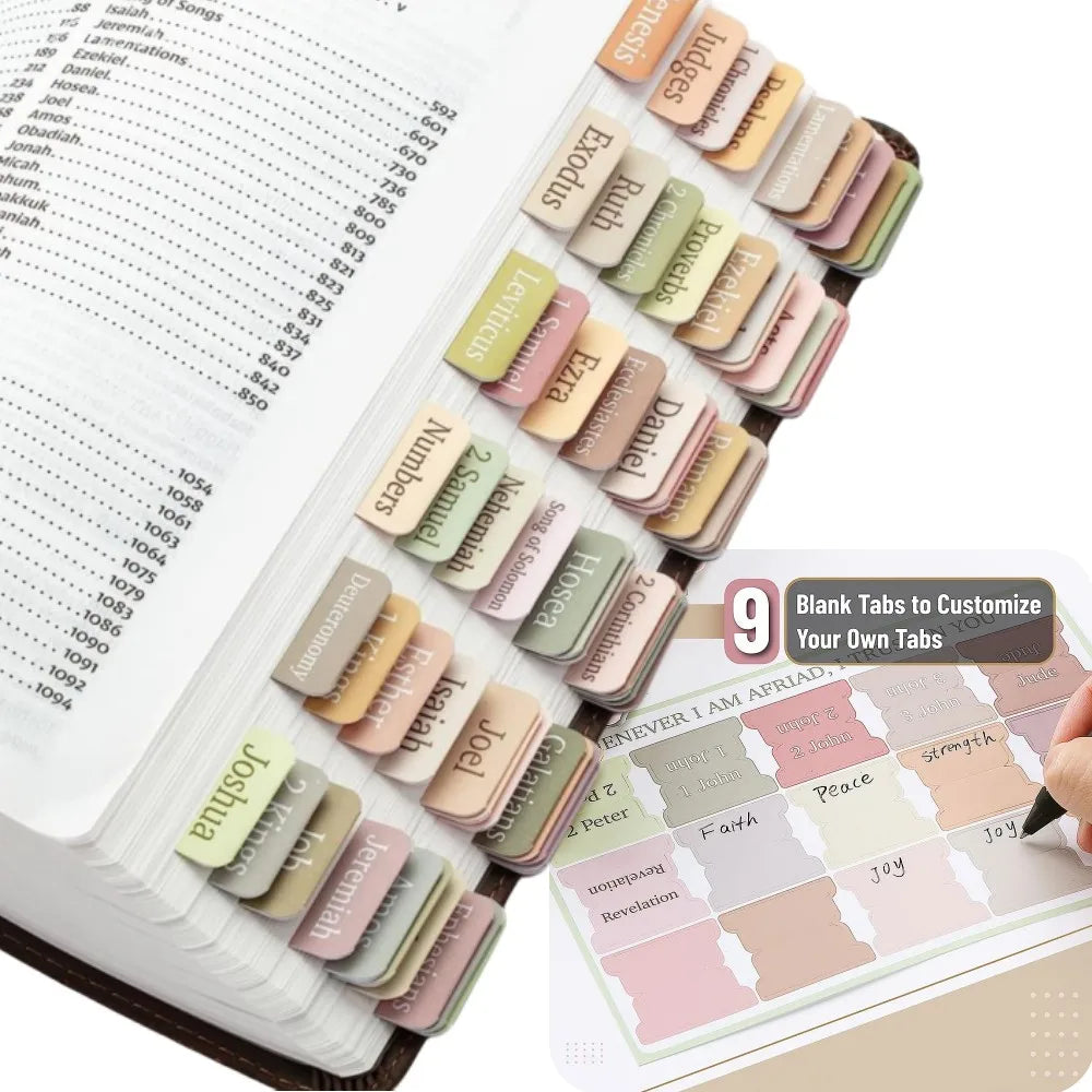 A collection of large print self-adhesive Bible tabs in various pastel colors and shades, arranged on a page.