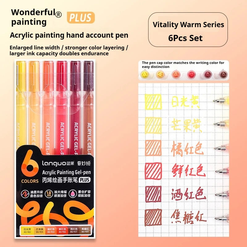 A set of six multi-color acrylic painting gel pens in a box with usage instructions and color charts.