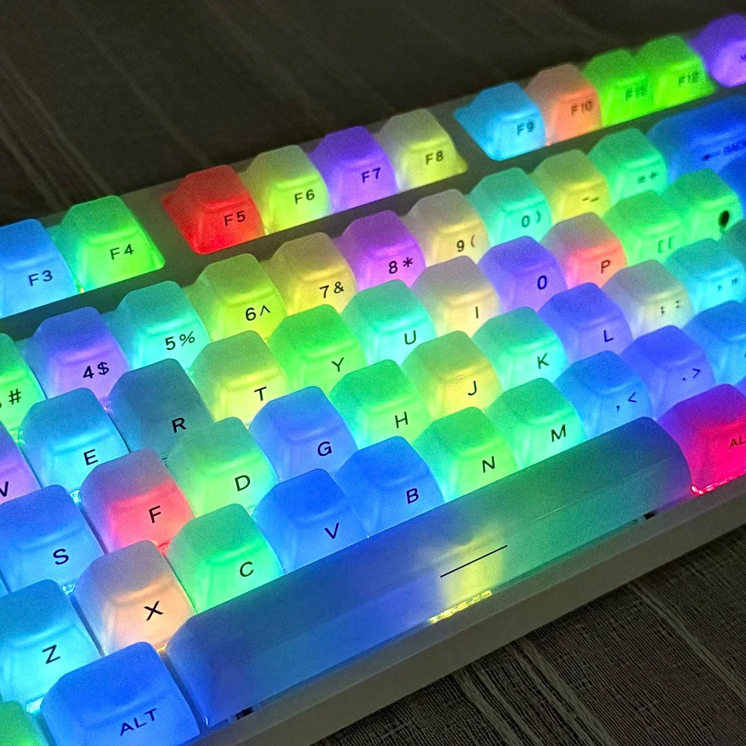 Close-up view of a mechanical keyboard with custom profile keycaps featuring bright RGB lighting.