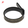 Black precision ring sizer and gauge tool with a flexible ring and adjustable clamp.