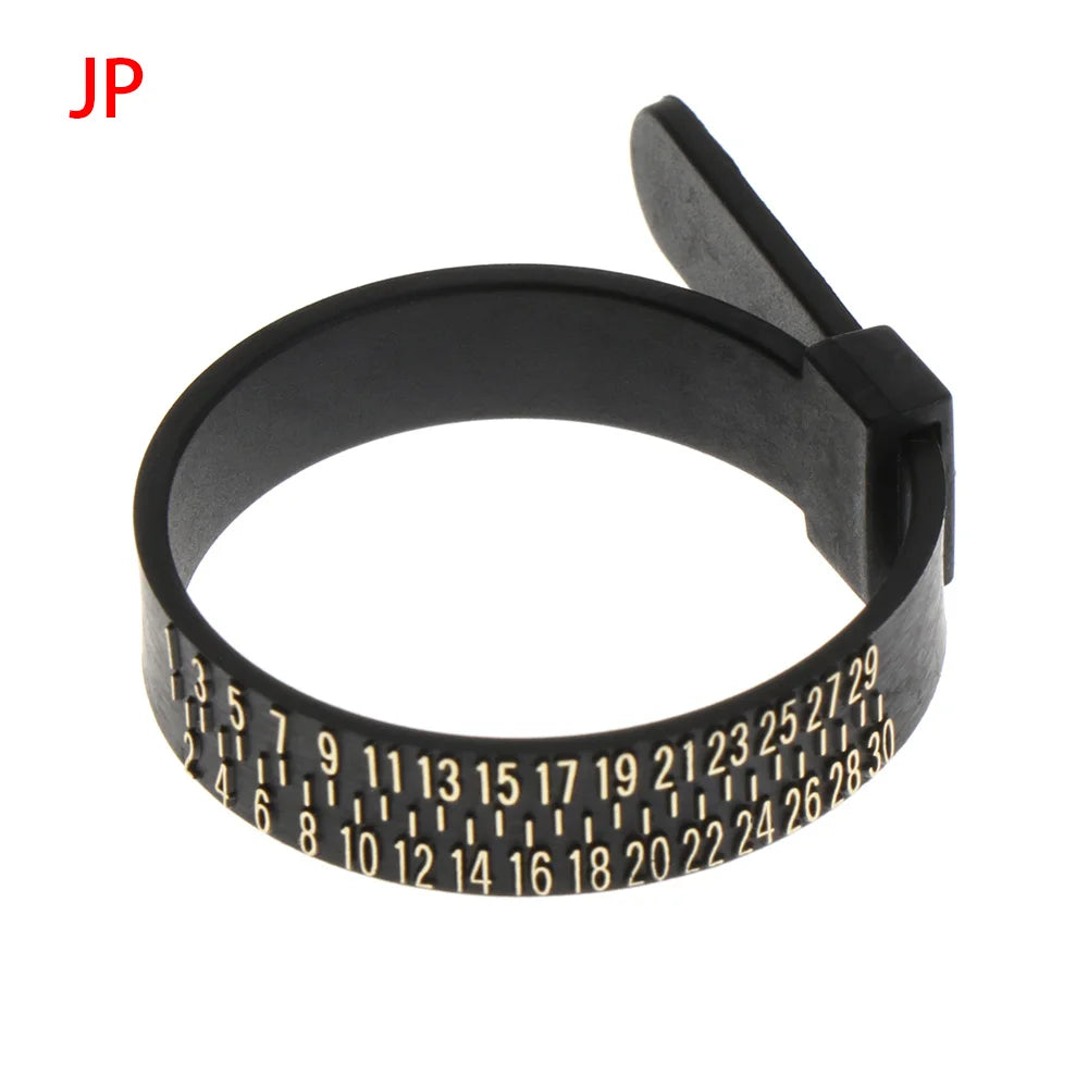 Black precision ring sizer and gauge tool with a flexible ring and adjustable clamp.
