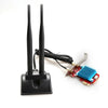 A black dual band magnetic WiFi antenna with a connector and wires is shown on a white background.