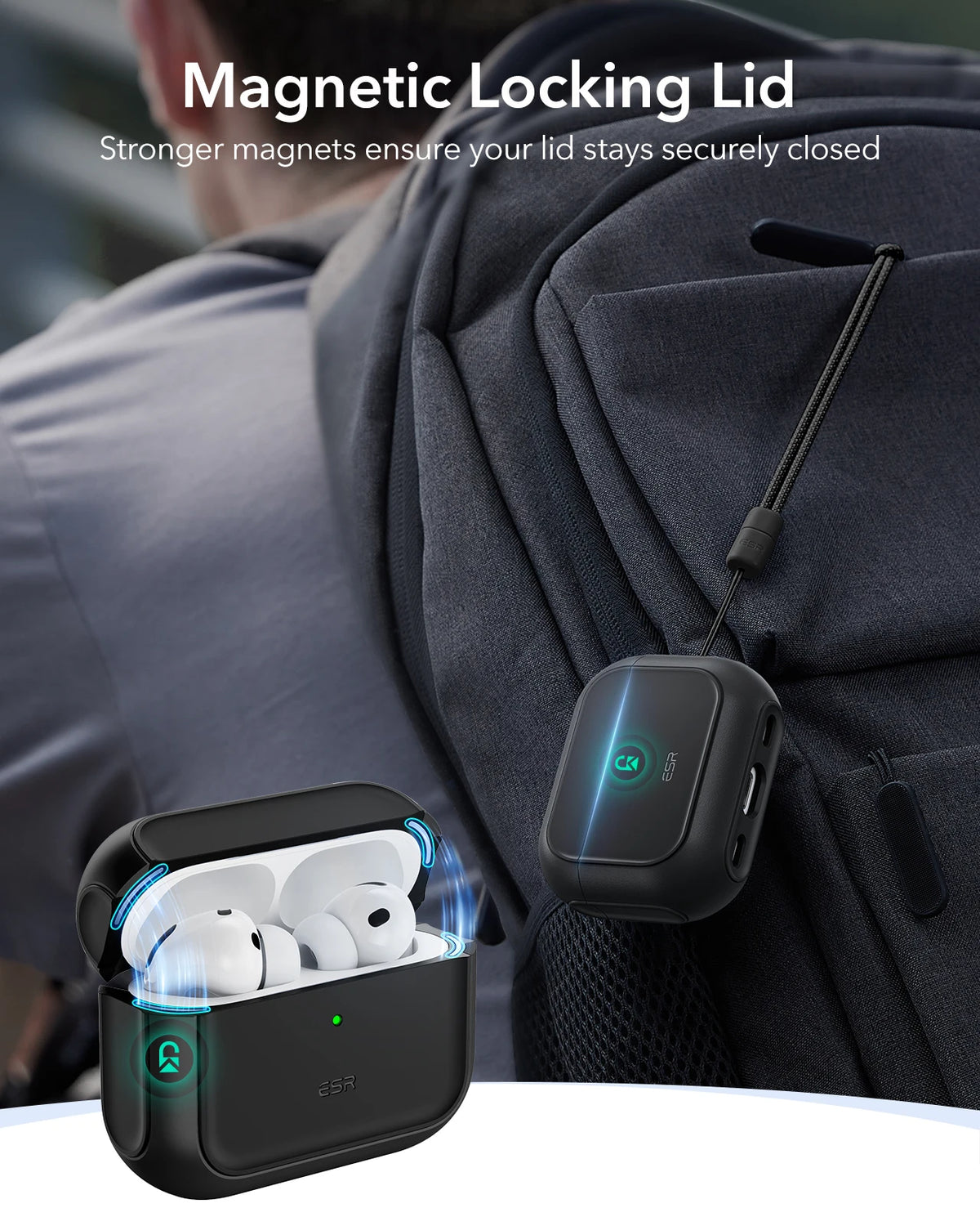 A black magnetic locking lid case for AirPods Pro is shown attached to a gray backpack.