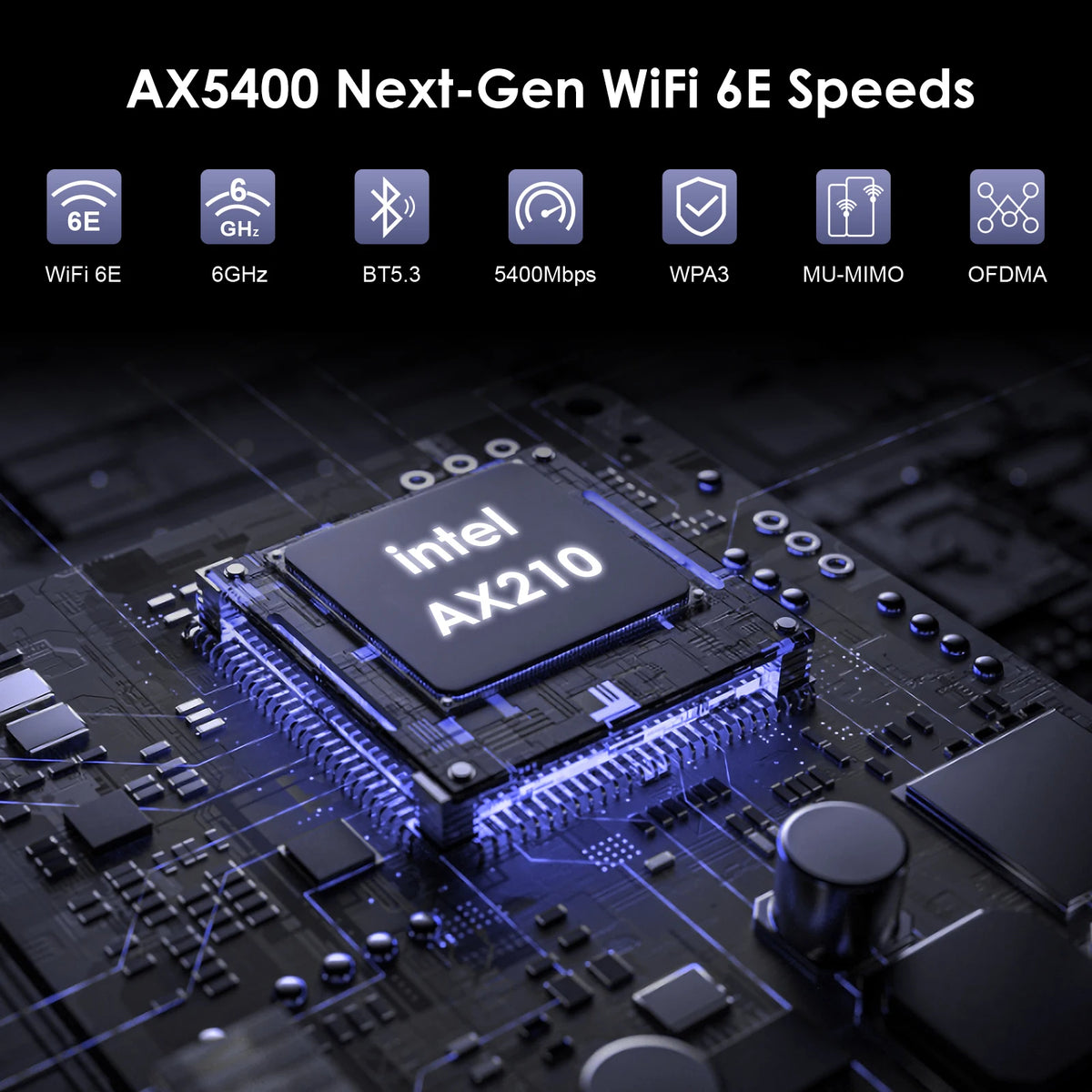 Nahaufnahme des Intel AX210 Wi-Fi 6E Adapterchips auf einer Platine mit Leistungsangaben.